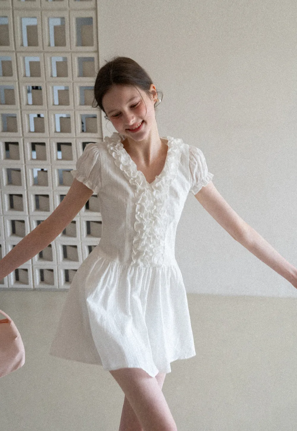 Ruffled V Neck Short Sleeve A Line Dress