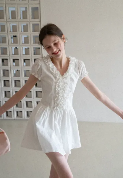 Ruffled V Neck Short Sleeve A Line Dress