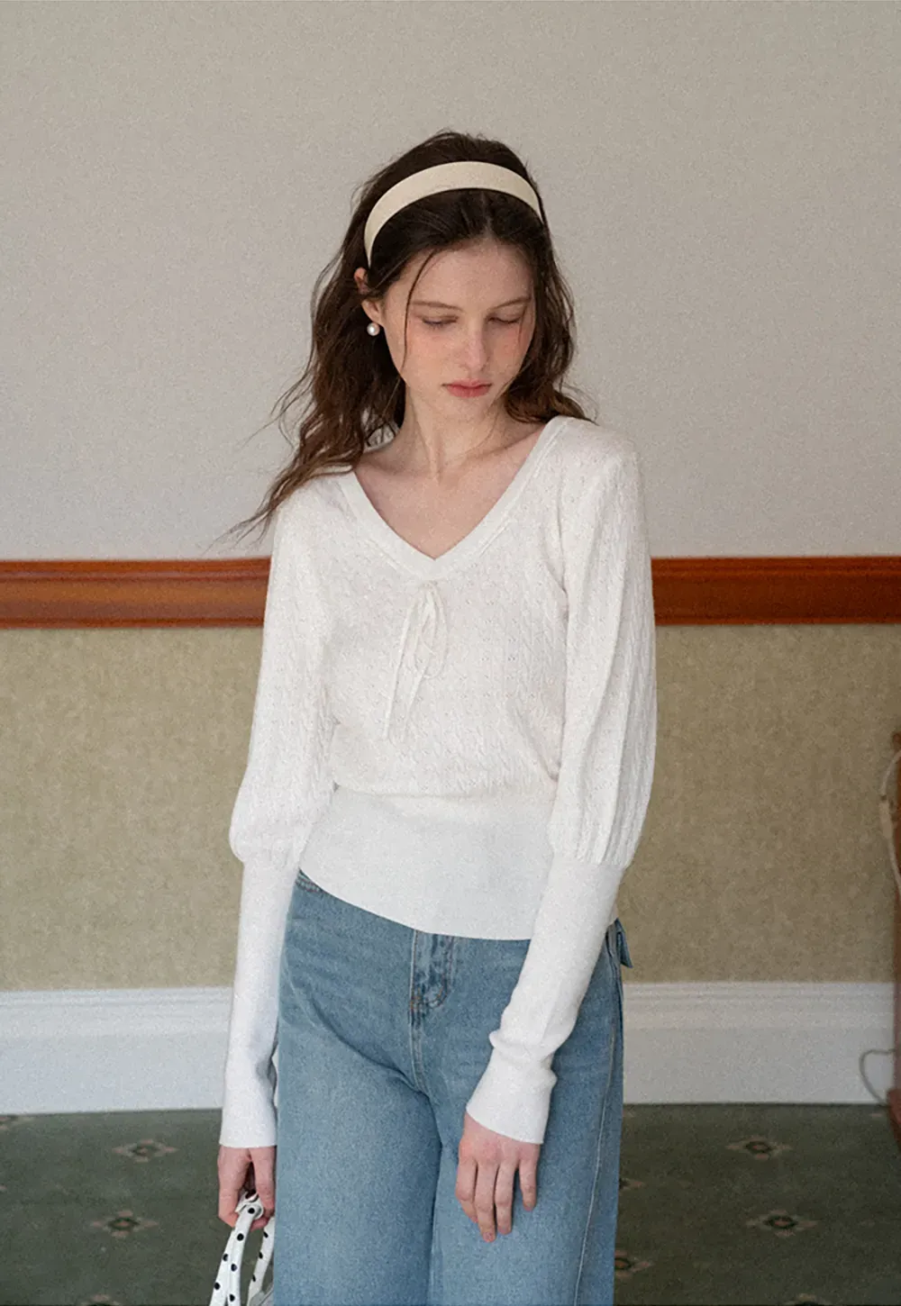 V Neck Knit Sweater with Front Tie Detail