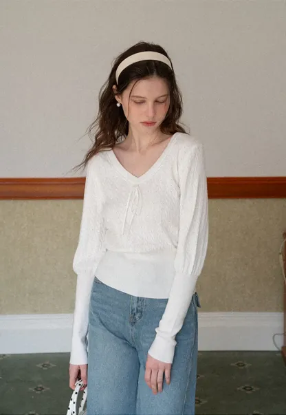 V Neck Knit Sweater with Front Tie Detail