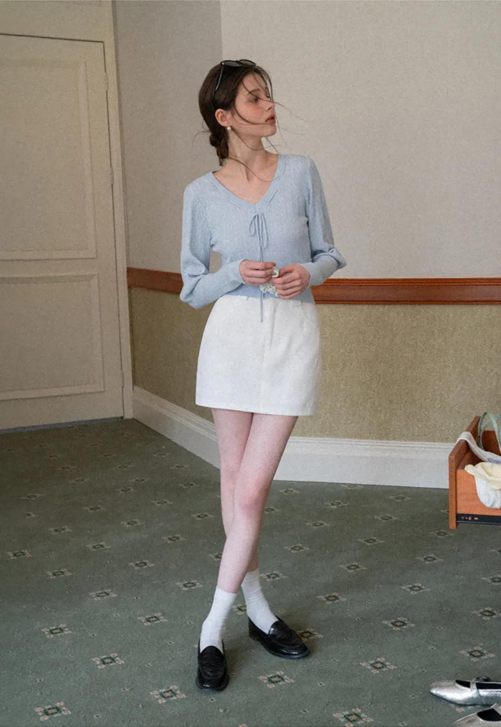 V Neck Knit Sweater with Front Tie Detail