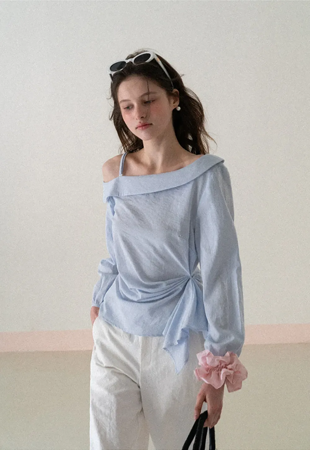 Off Shoulder Shirt with Ruched Sleeve Detail