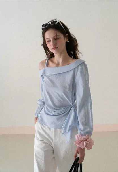 Off Shoulder Shirt with Ruched Sleeve Detail