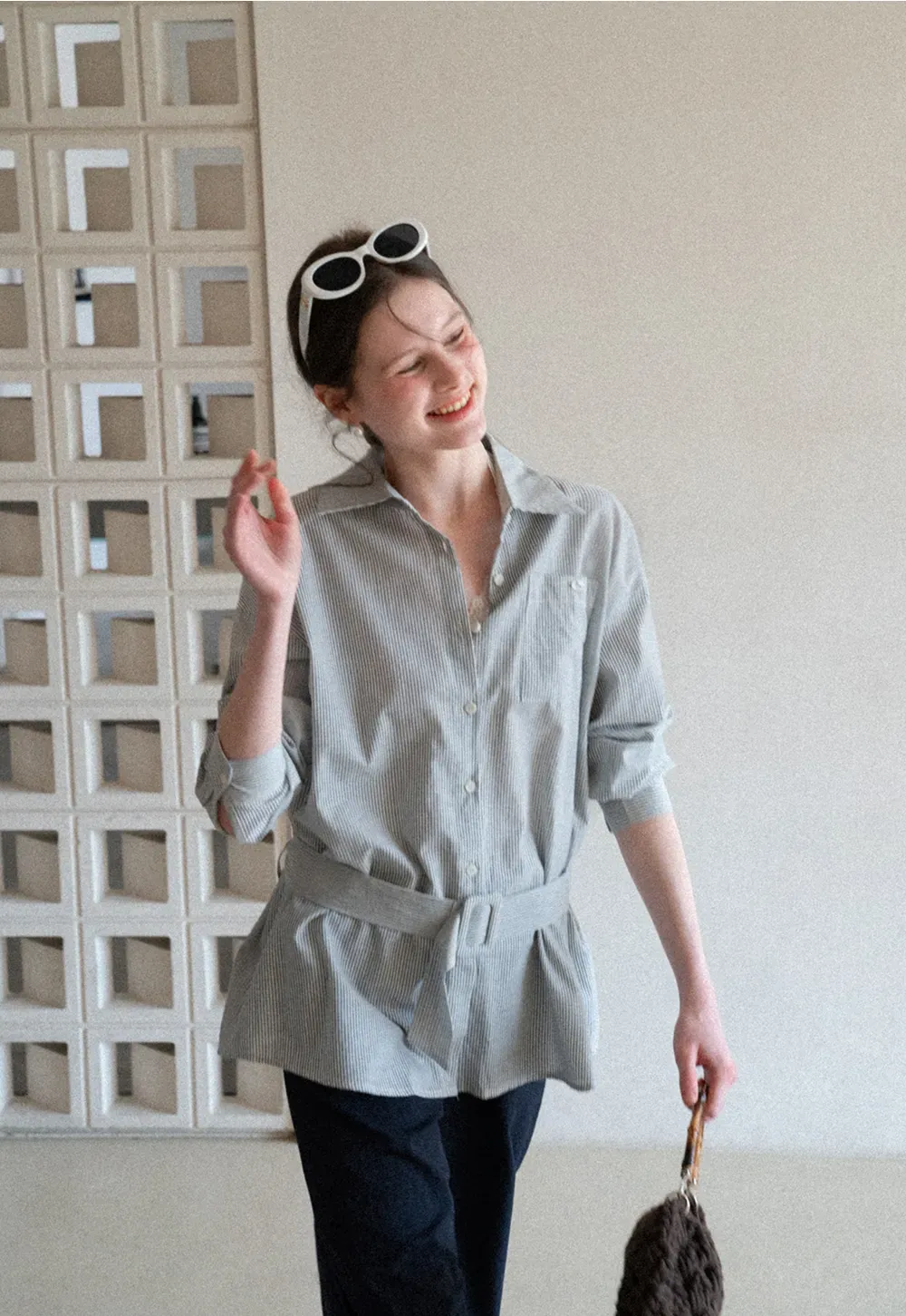 Striped Shirt with Belt and Lace Trim Tank Top