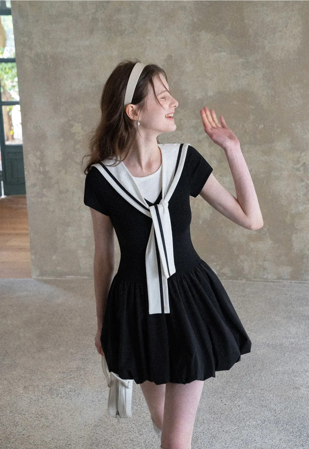 Sailor Collar Short Sleeve Flared Dress