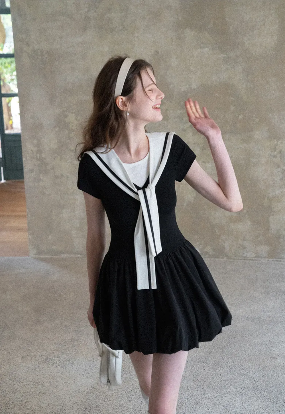 Sailor Collar Short Sleeve Flared Dress