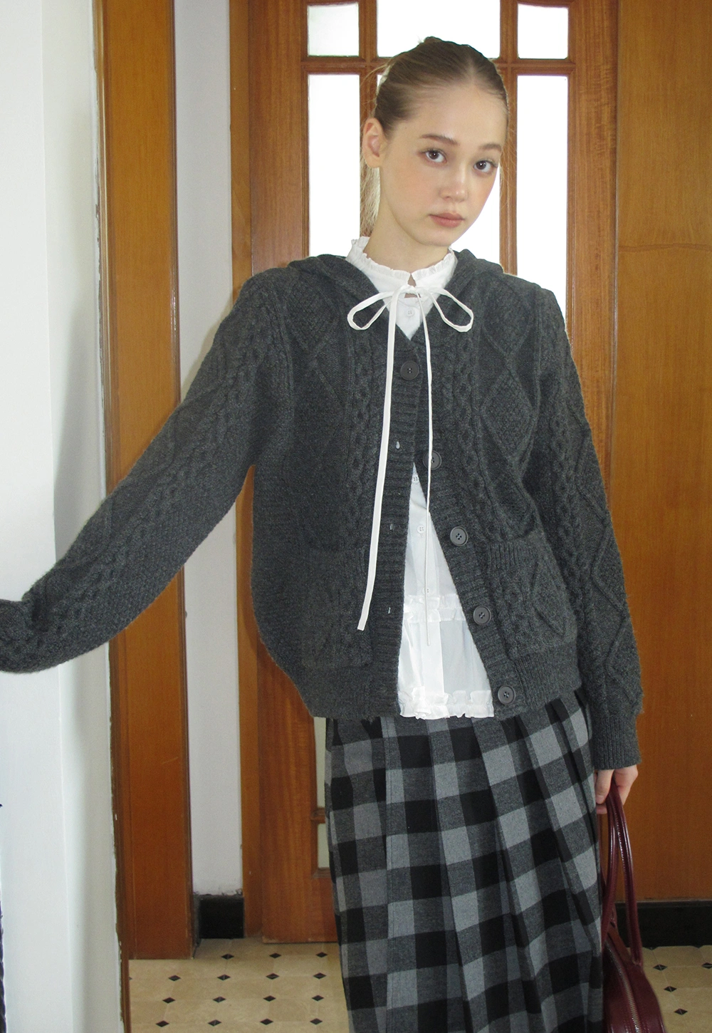 Classic Cable Knit Cardigan with Hood and Button Closure