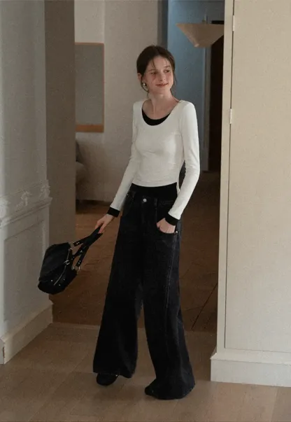 Long Sleeve Round Neck Top Simple Design Women's T-Shirt