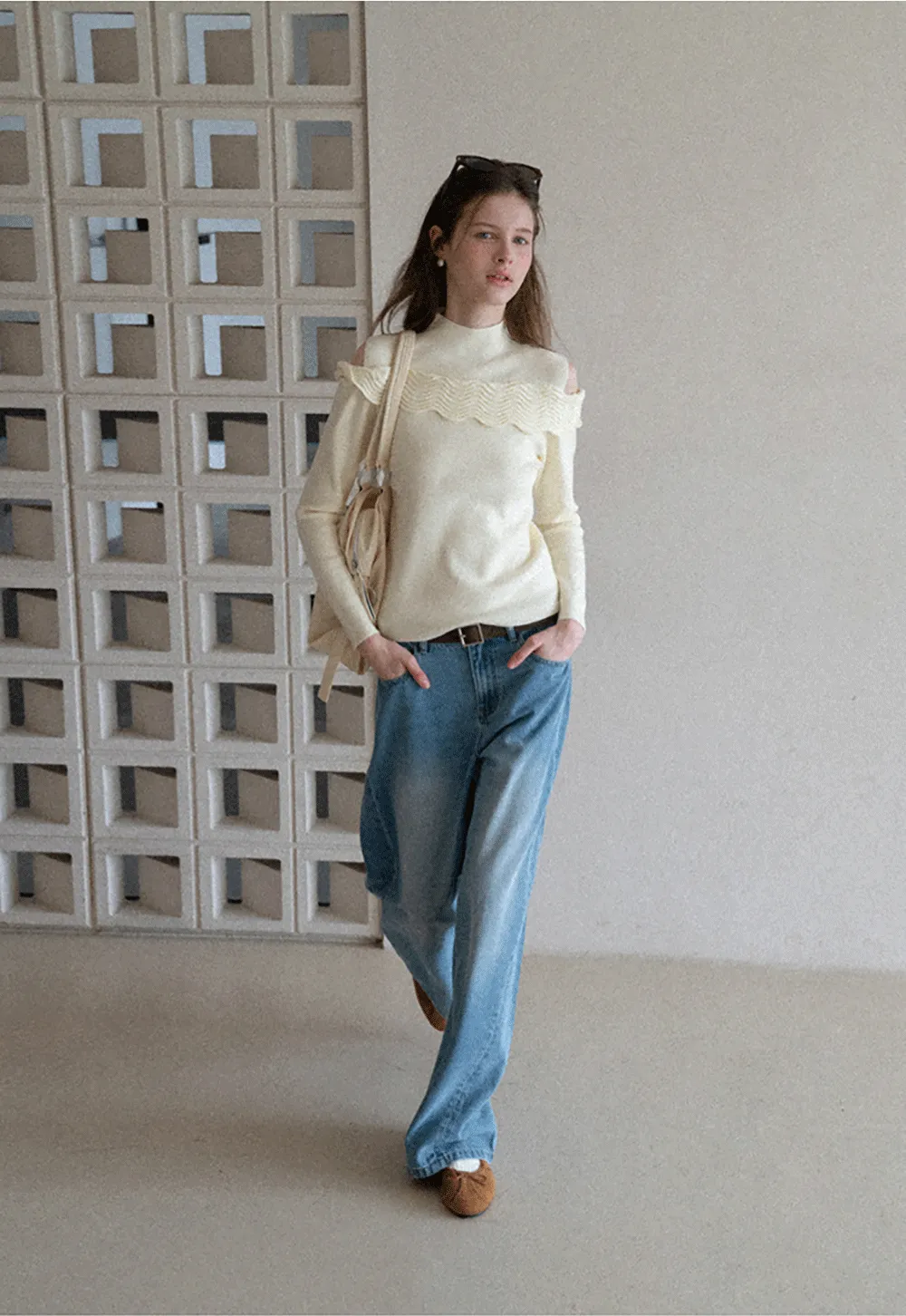 Elegant Off Shoulder Knit Sweater with Wave Detail