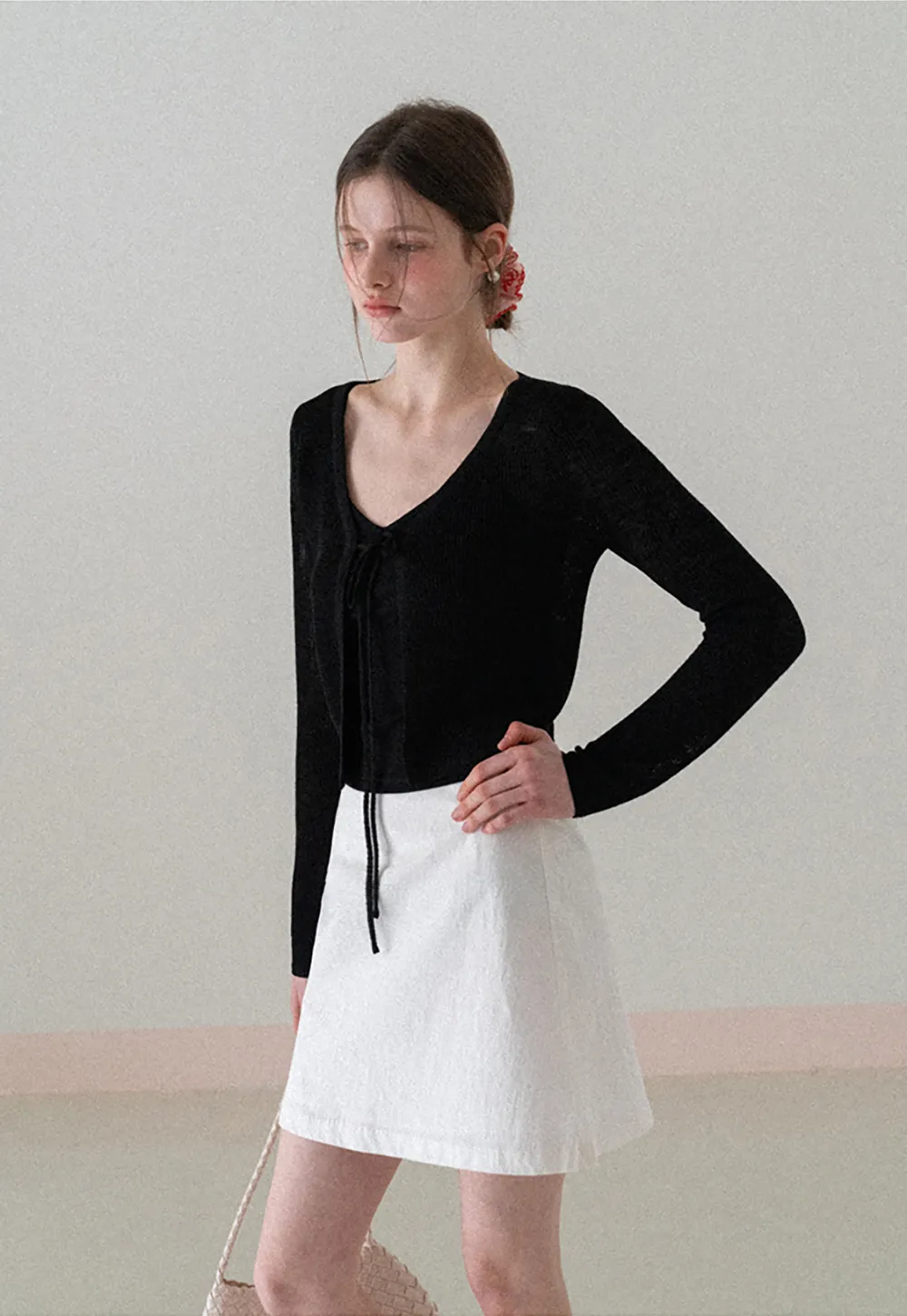 V Neck Long Sleeve Knit Cardigan with Front Tie