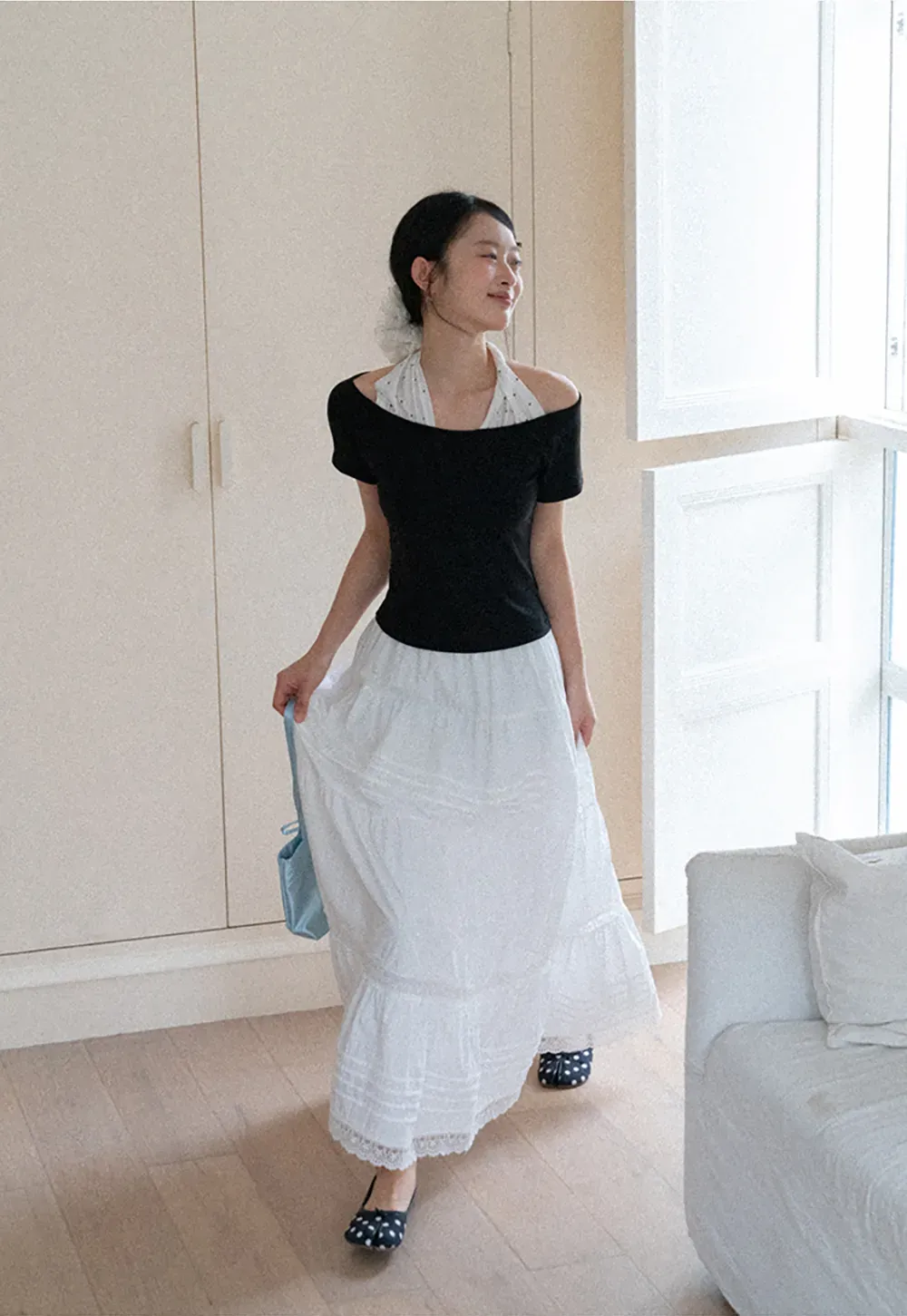 Off shoulder short sleeve top with halter neck detail