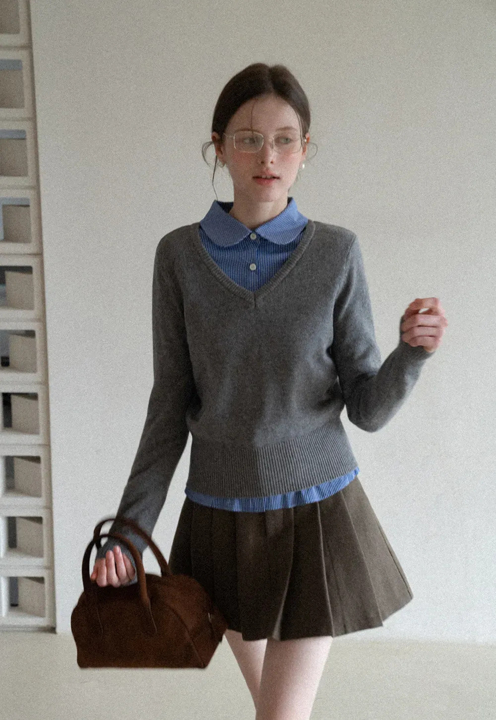 V Neck Knit Sweater with Layered Collar Design