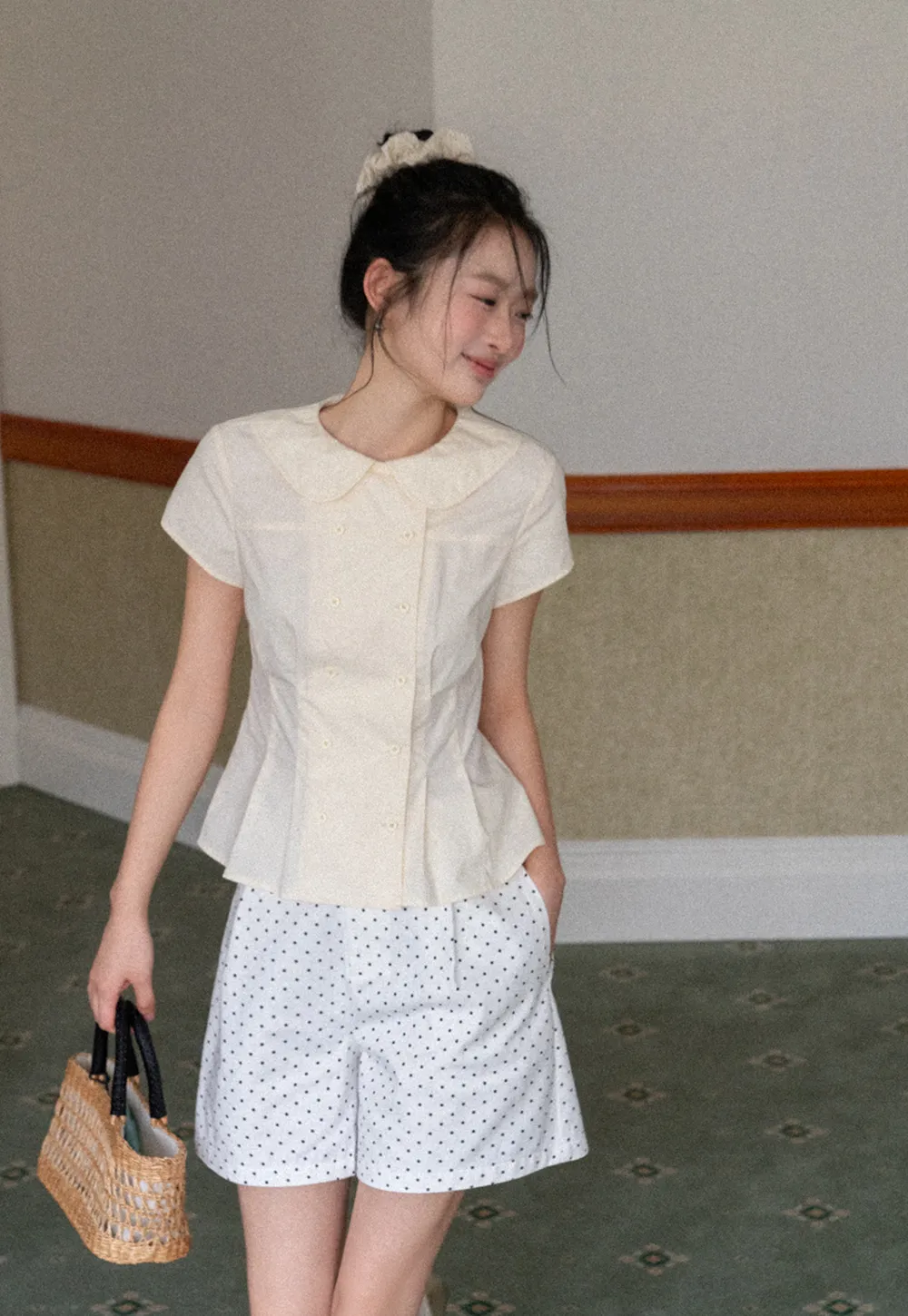 Short Sleeve Shirt with Peter Pan Collar and Peplum Hem