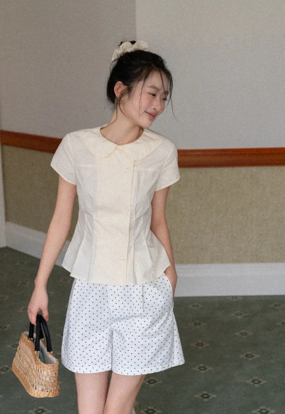 Short Sleeve Shirt with Peter Pan Collar and Peplum Hem
