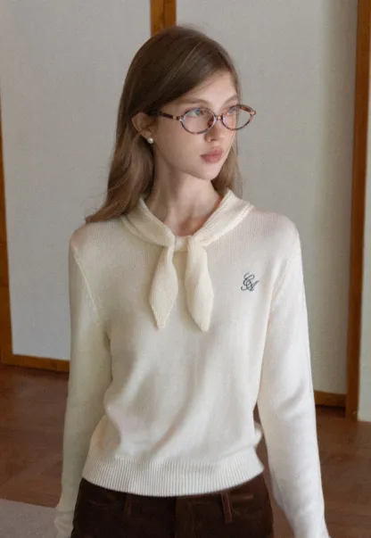 Women Elegant Tie Neck Pullover Sweater