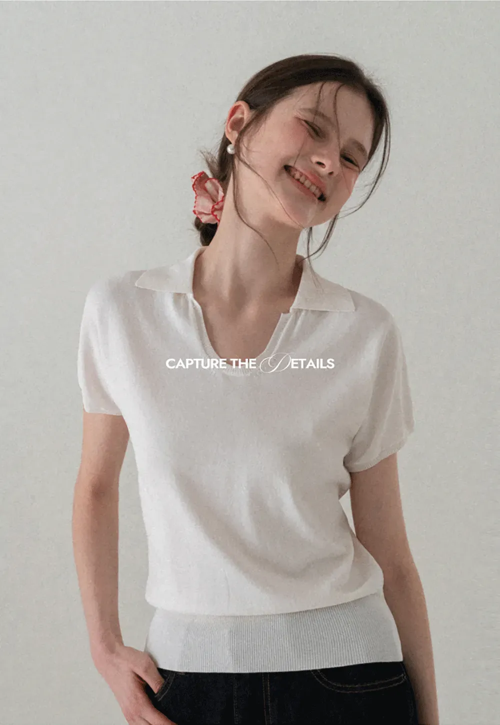 V Neck Short Sleeve Knit Sweater with Collar