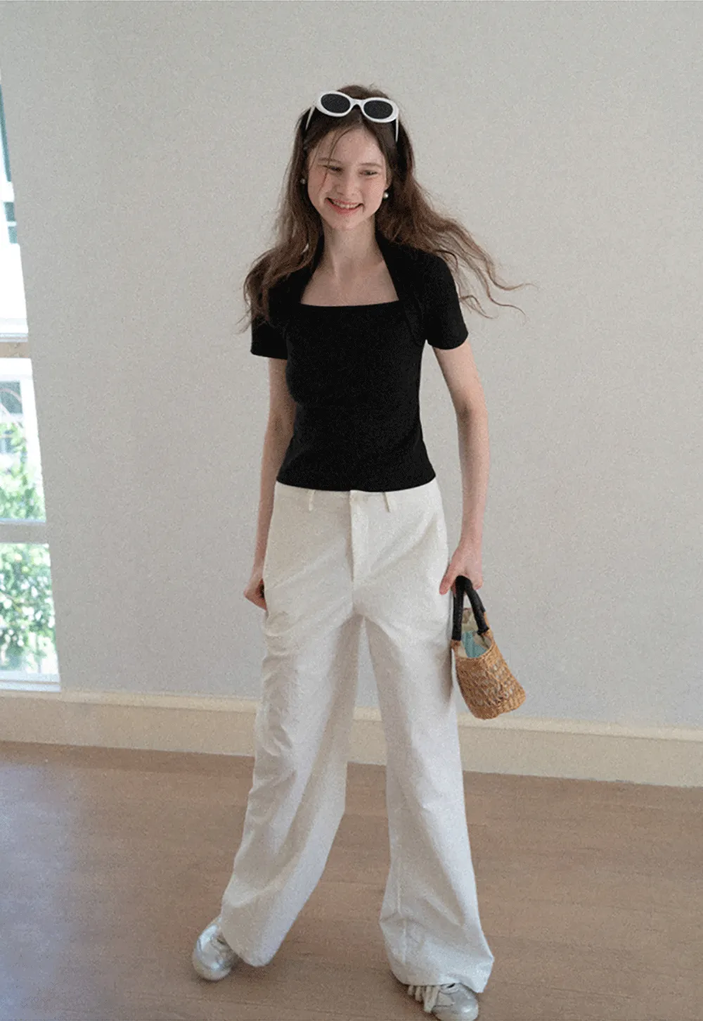 Square neck short sleeve fitted top