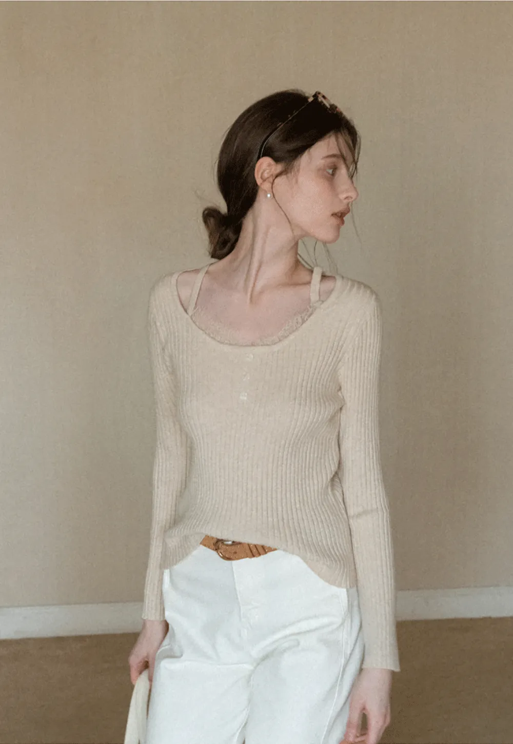 Ribbed knit sweater with boat neck and long sleeves