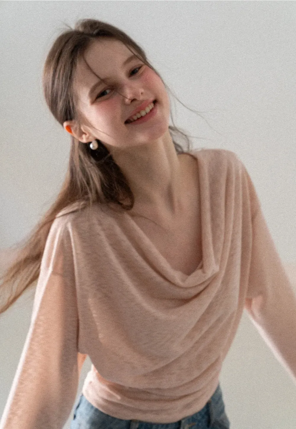 Long sleeve off shoulder draped knit top