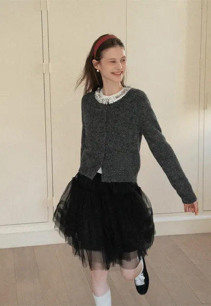 Elegant Woolen Knit Sweater with Embellished Neckline and Long Sleeves