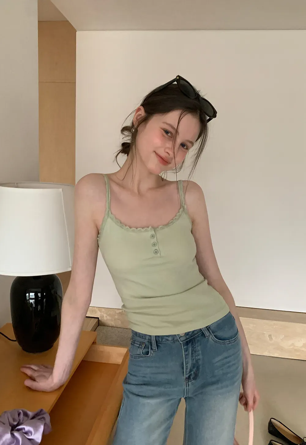 Lace Trim Button Front Tank Top