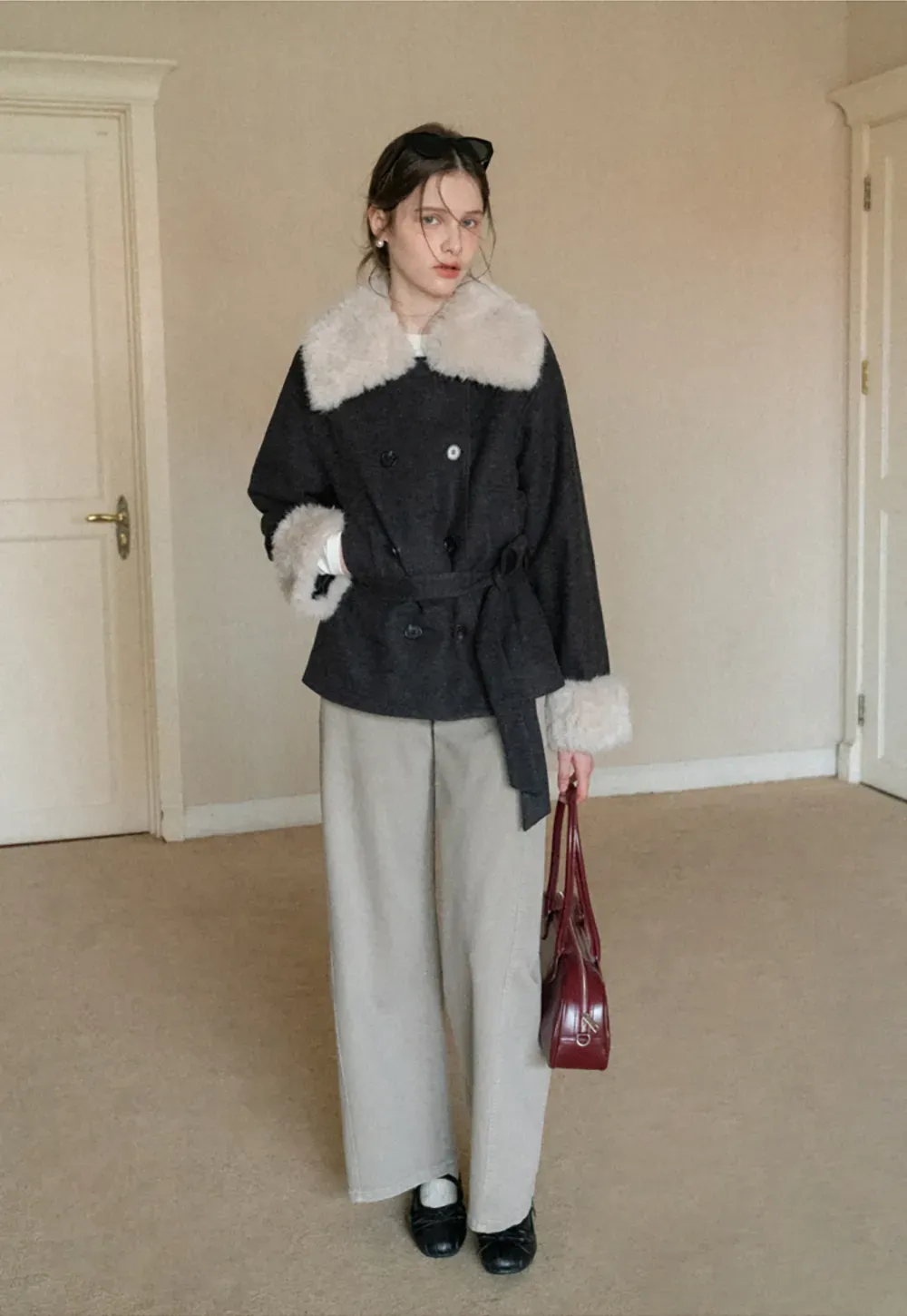 Wool Coat with Fur Collar and Cuff Belted Design