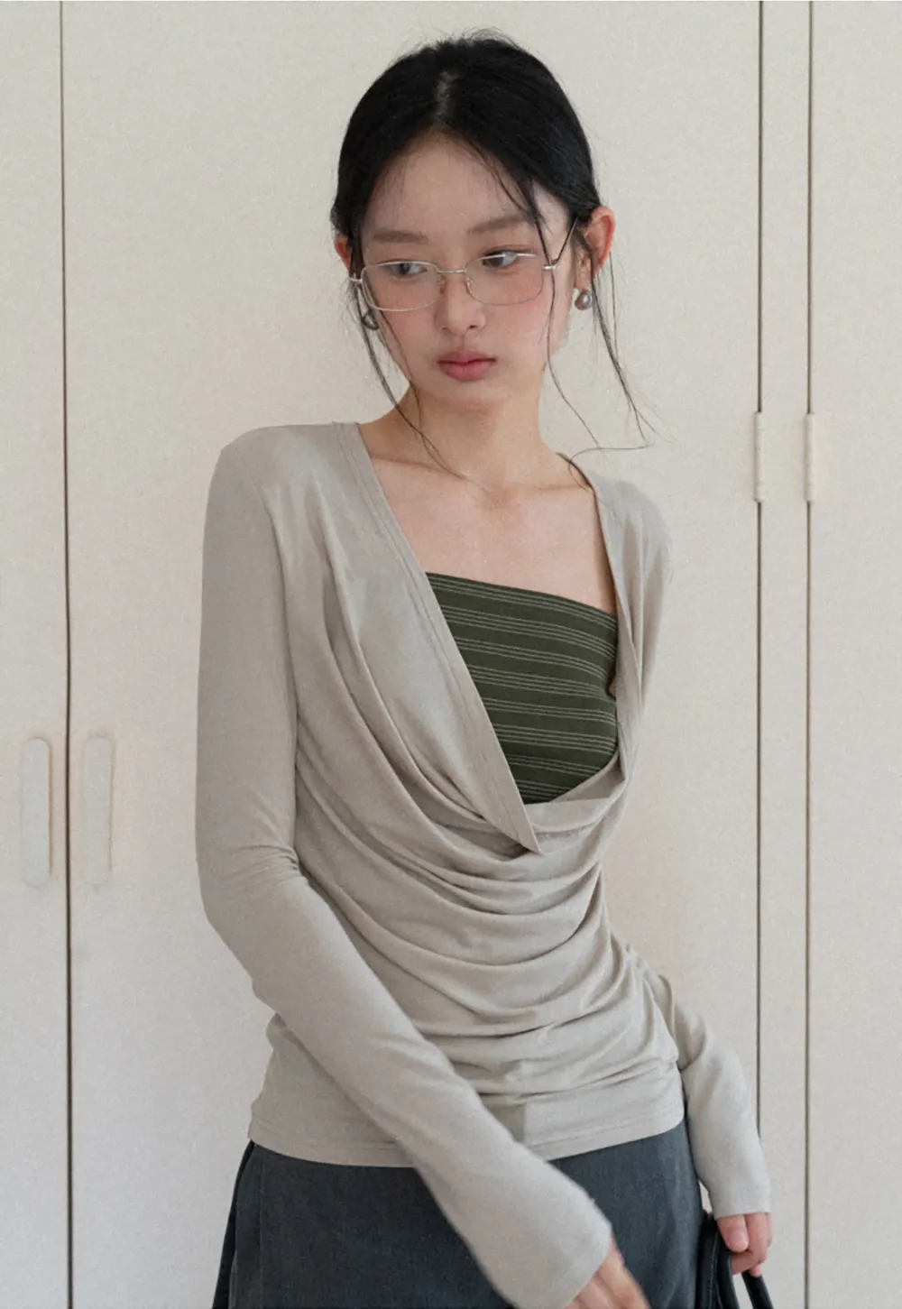 Long sleeve draped neckline top with square cutout