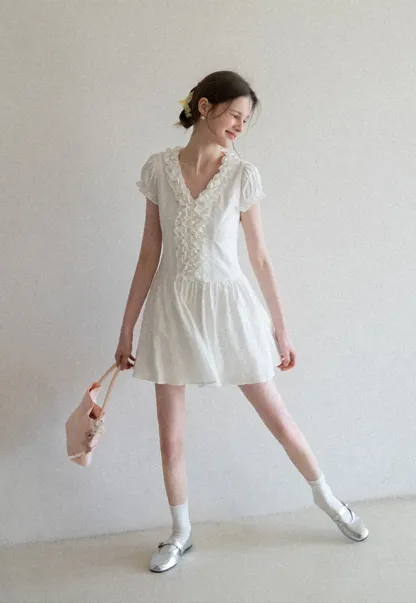 Ruffled V Neck Short Sleeve A Line Dress