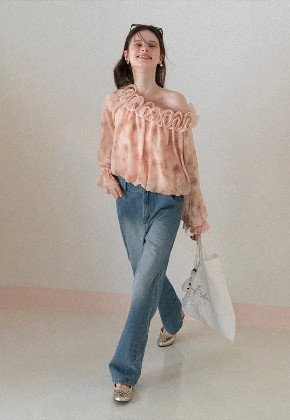 Off Shoulder Ruffled Lace Chiffon Blouse