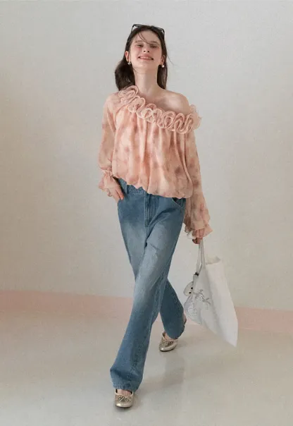 Off Shoulder Ruffled Lace Chiffon Blouse