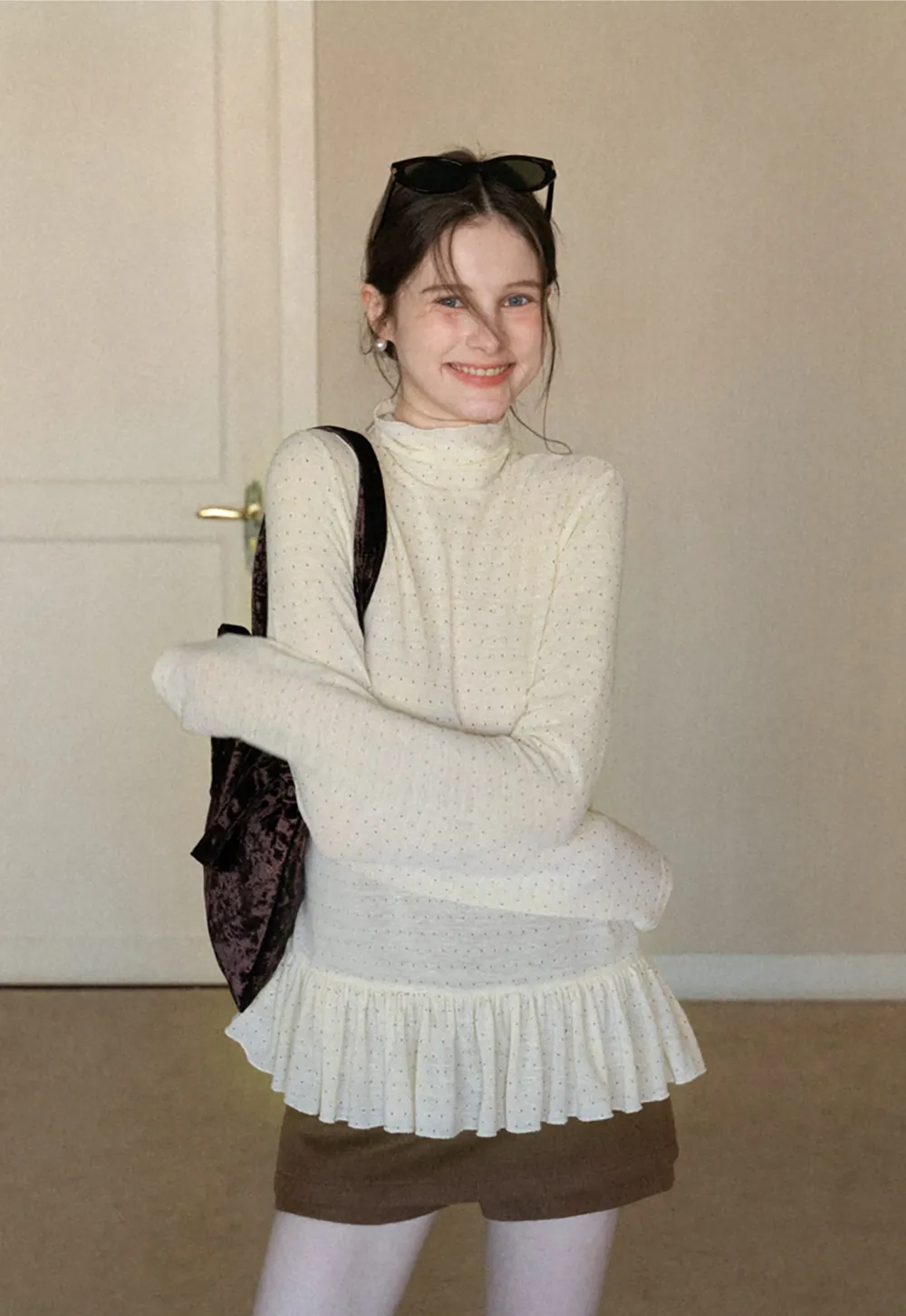 floral dot long sleeve top with ruffle hem