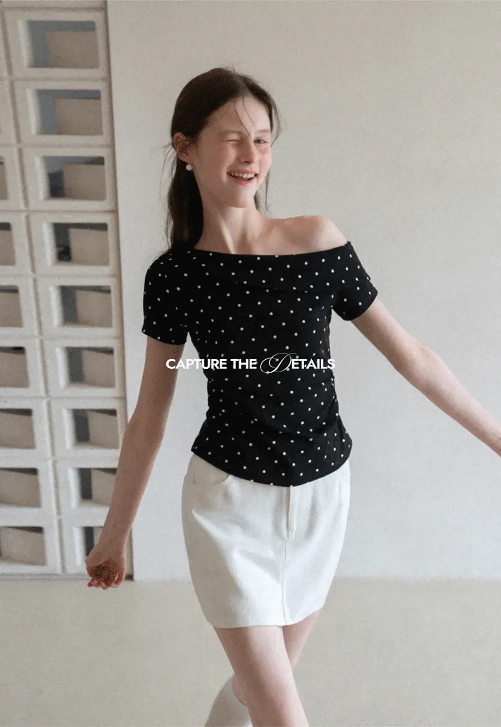 Polka dot off shoulder short sleeve tops