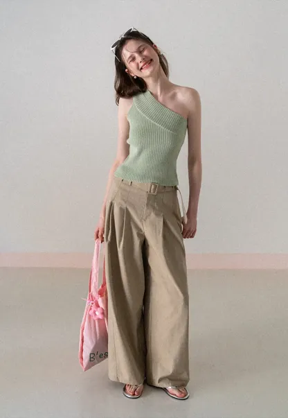 Wide Leg Pleated Casual Pants with Belt