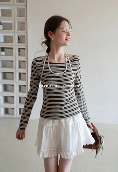 Long sleeve striped top with halter neck detail