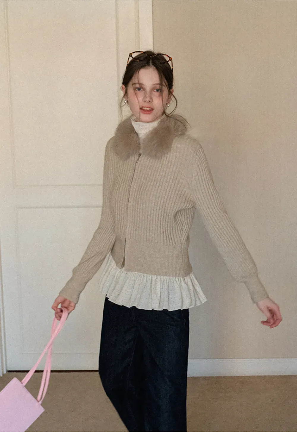 Ribbed knit sweater with fur collar detail