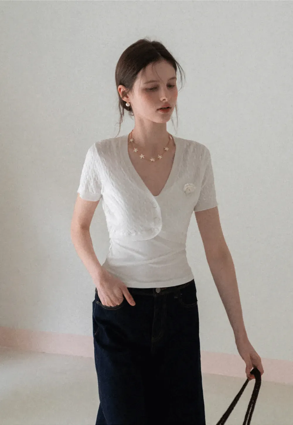 Short Sleeve Cable Knit Cardigan with Button Closure