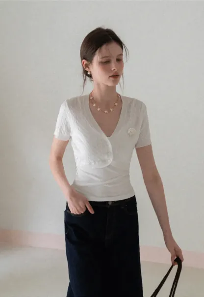 Short Sleeve Cable Knit Cardigan with Button Closure