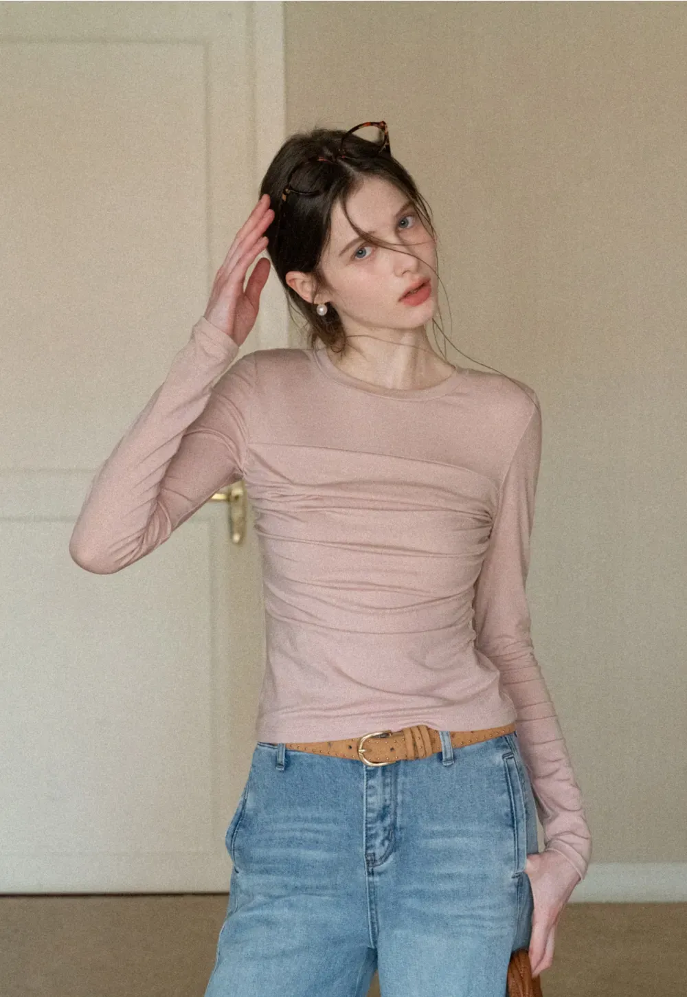 Ruched Long Sleeve T-Shirt with Gathered Detail