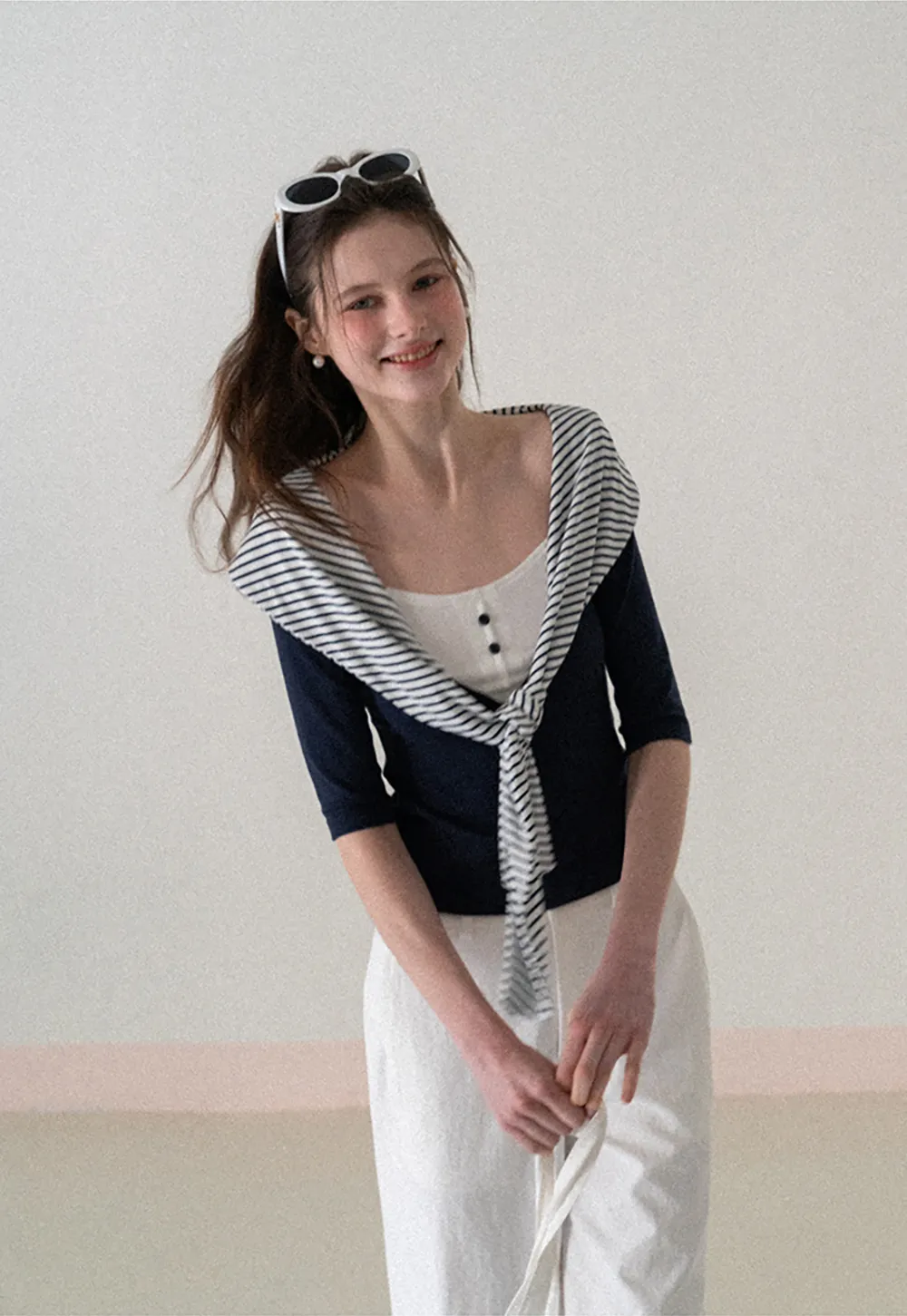 Striped collar tie front short sleeve top