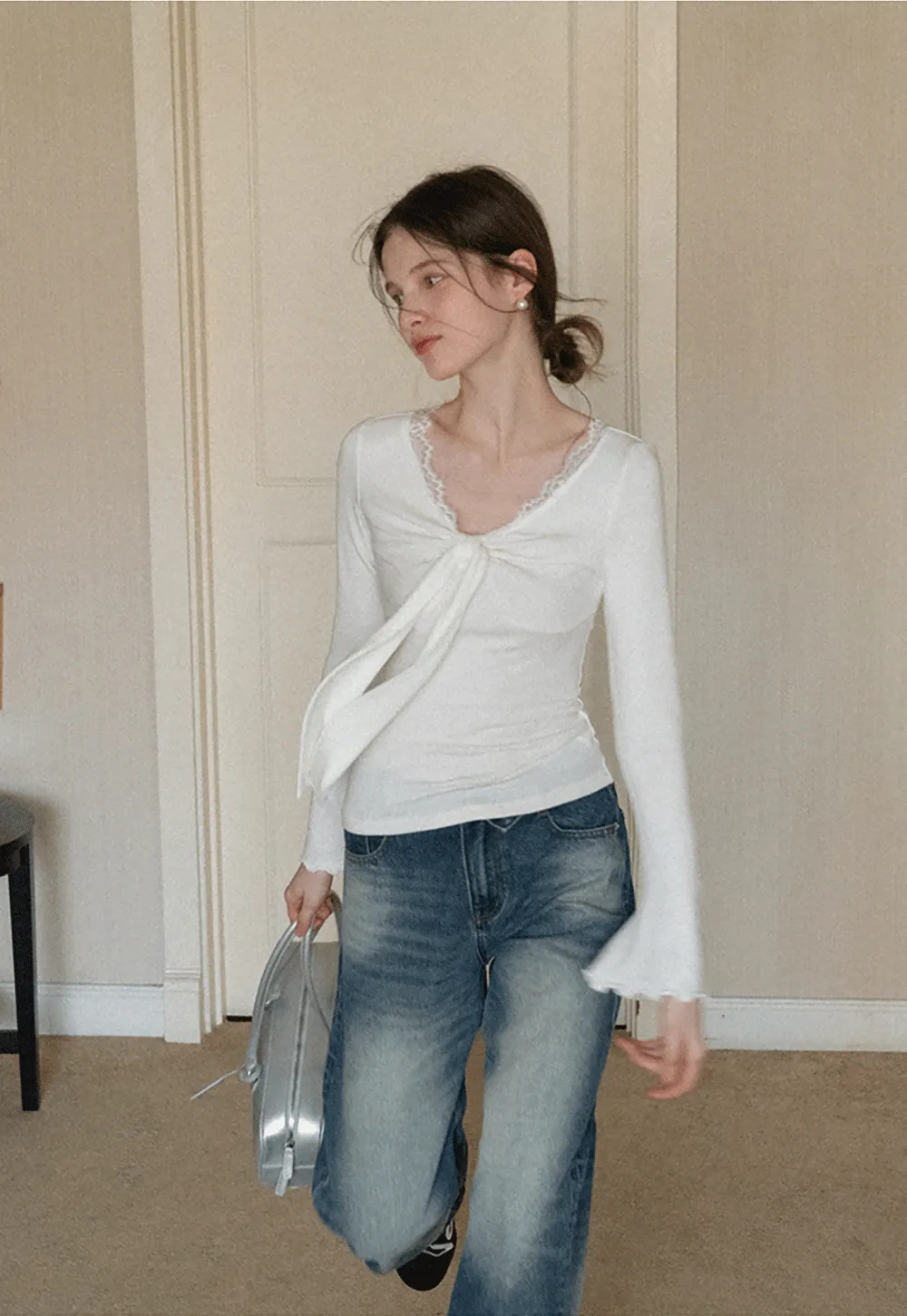 Elegant V Neck Long Sleeve Top with Bow Detail