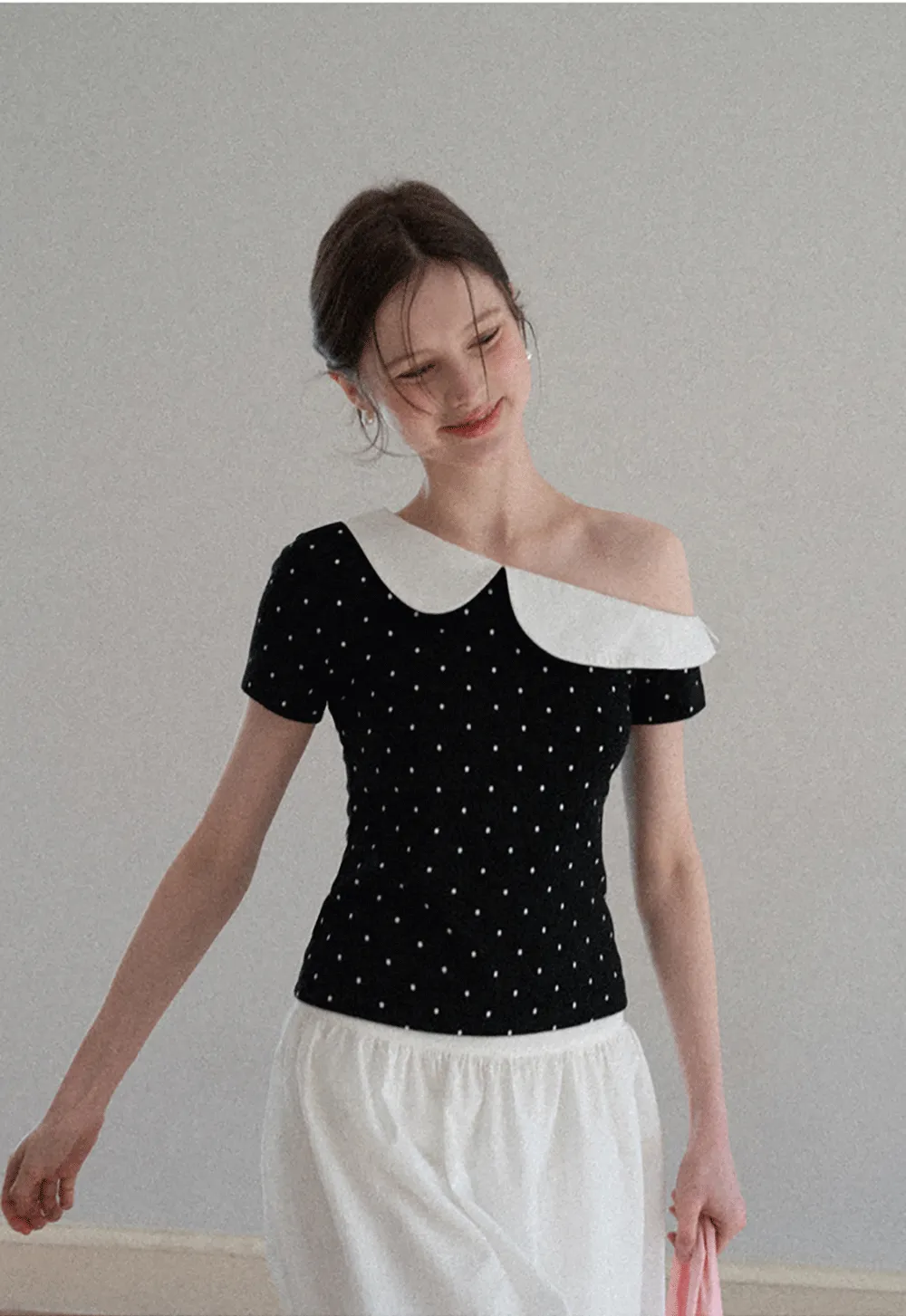 Polka dot short sleeve top with Peter Pan collar