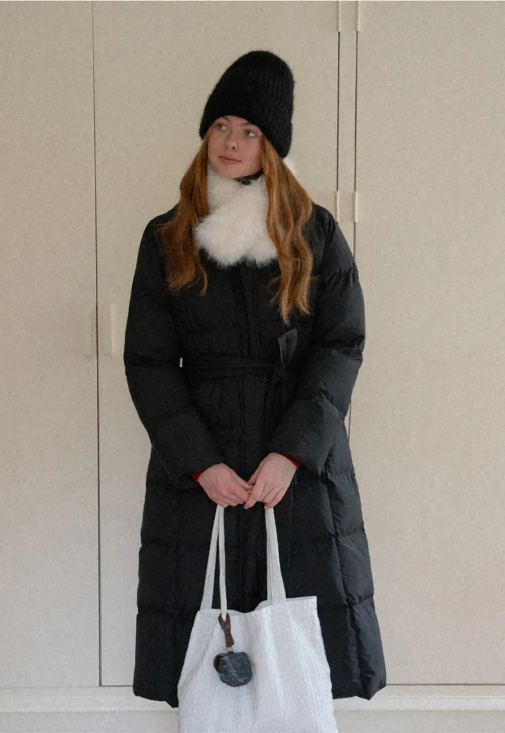 Long Puffer Coat with Fur Trim Hood Belted Design