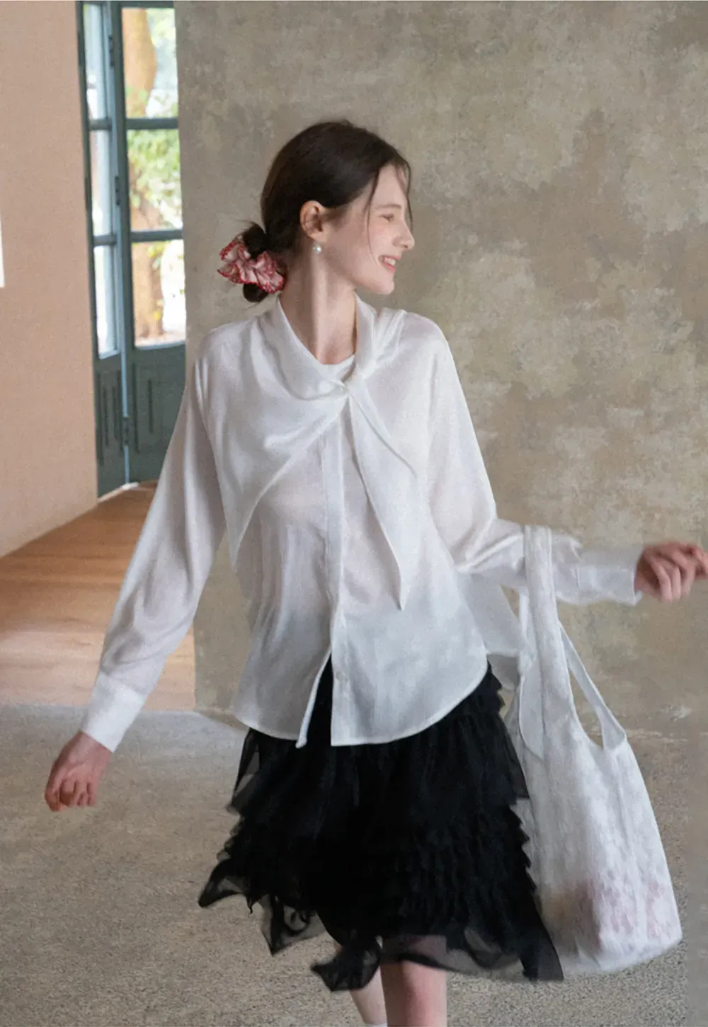 Ribbed Long Sleeve Shirt with Tie Neck Detail