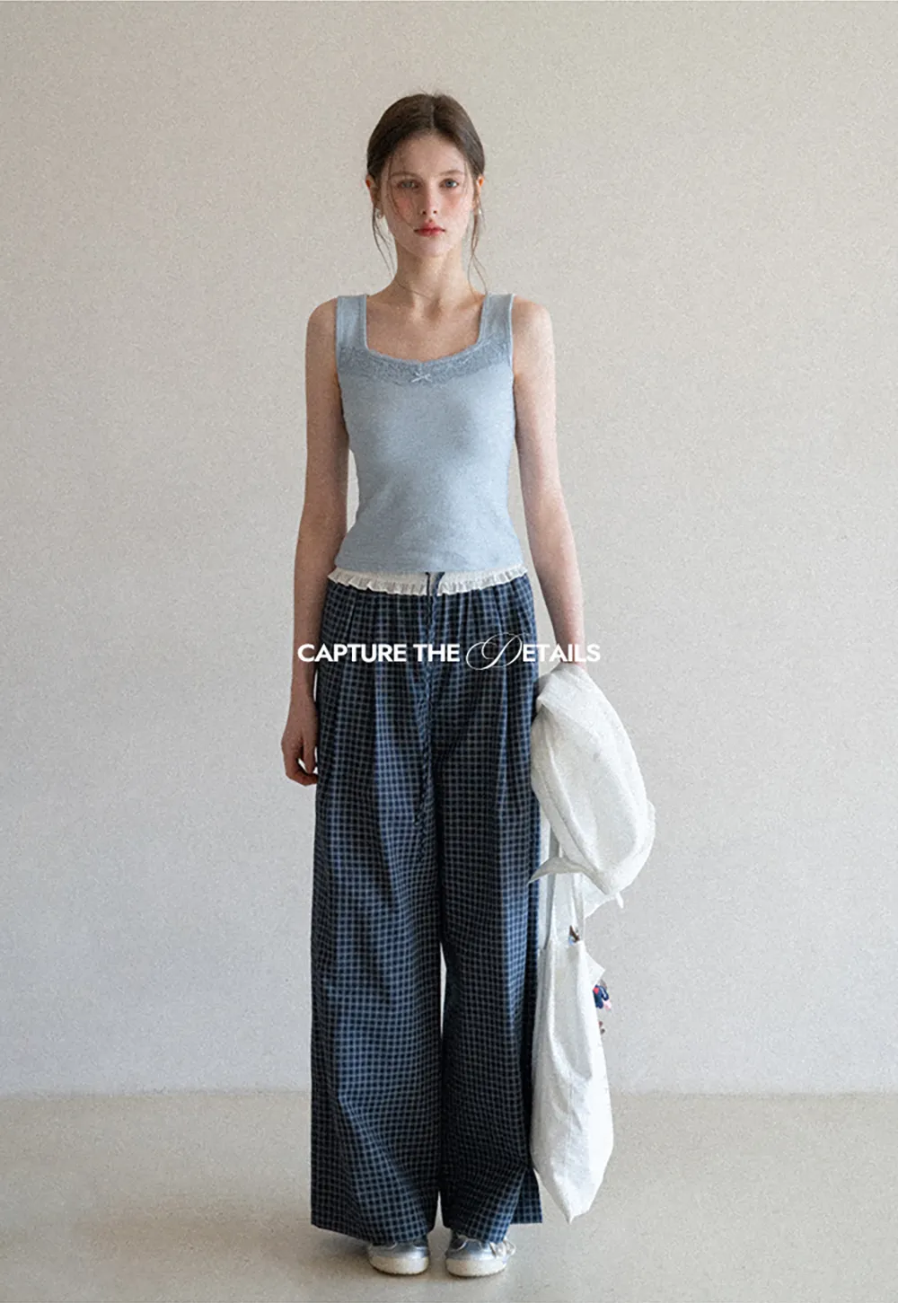 Wide Leg Plaid Casual Pants with Ruffled Waistband
