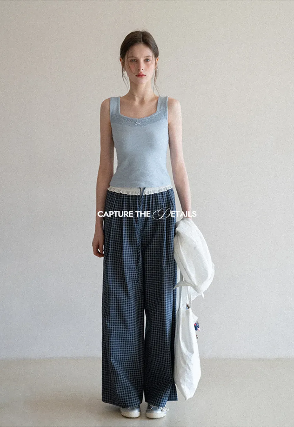 Wide Leg Plaid Casual Pants with Ruffled Waistband