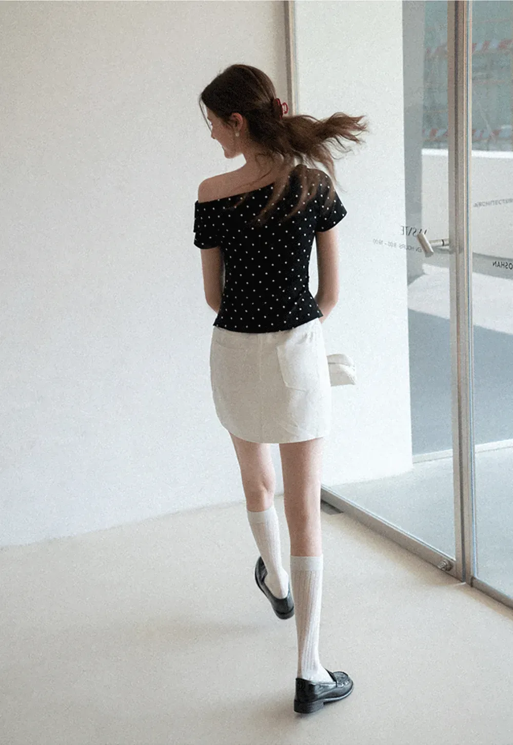 Polka dot off shoulder short sleeve tops