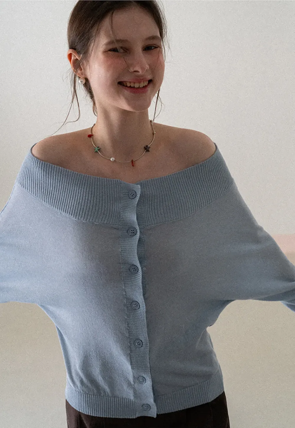 Off Shoulder Knit Cardigan with Button Front