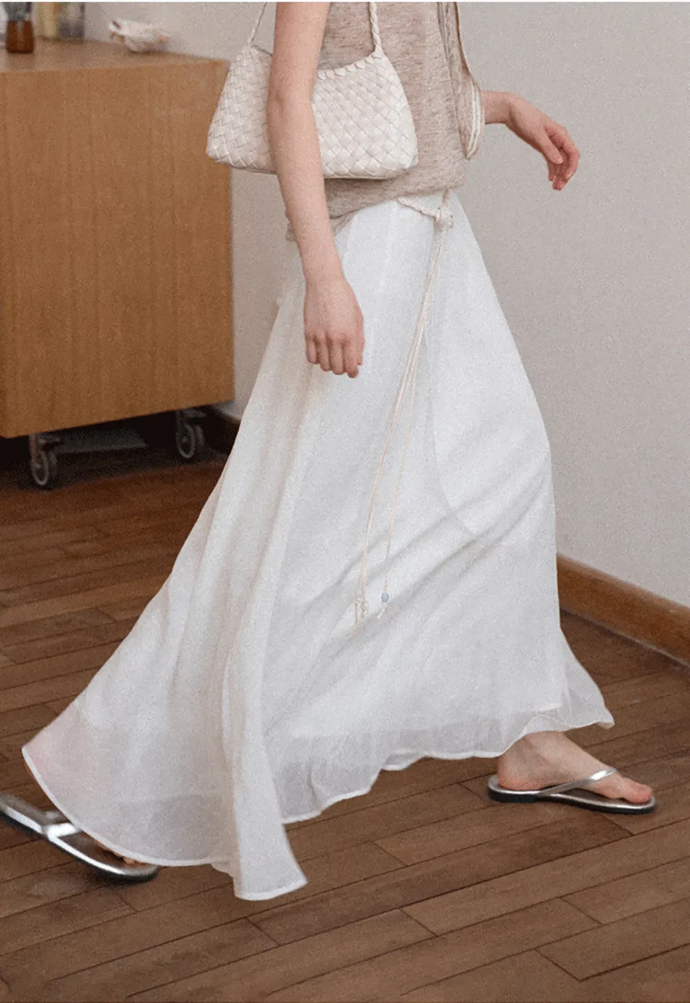 Flowy Maxi Skirt with Lace Trim and Drawstring Waist