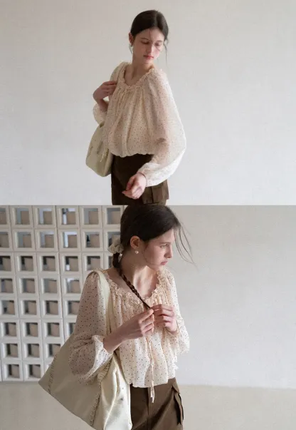 Polka Dot Ruffled Off Shoulder Chiffon Blouse