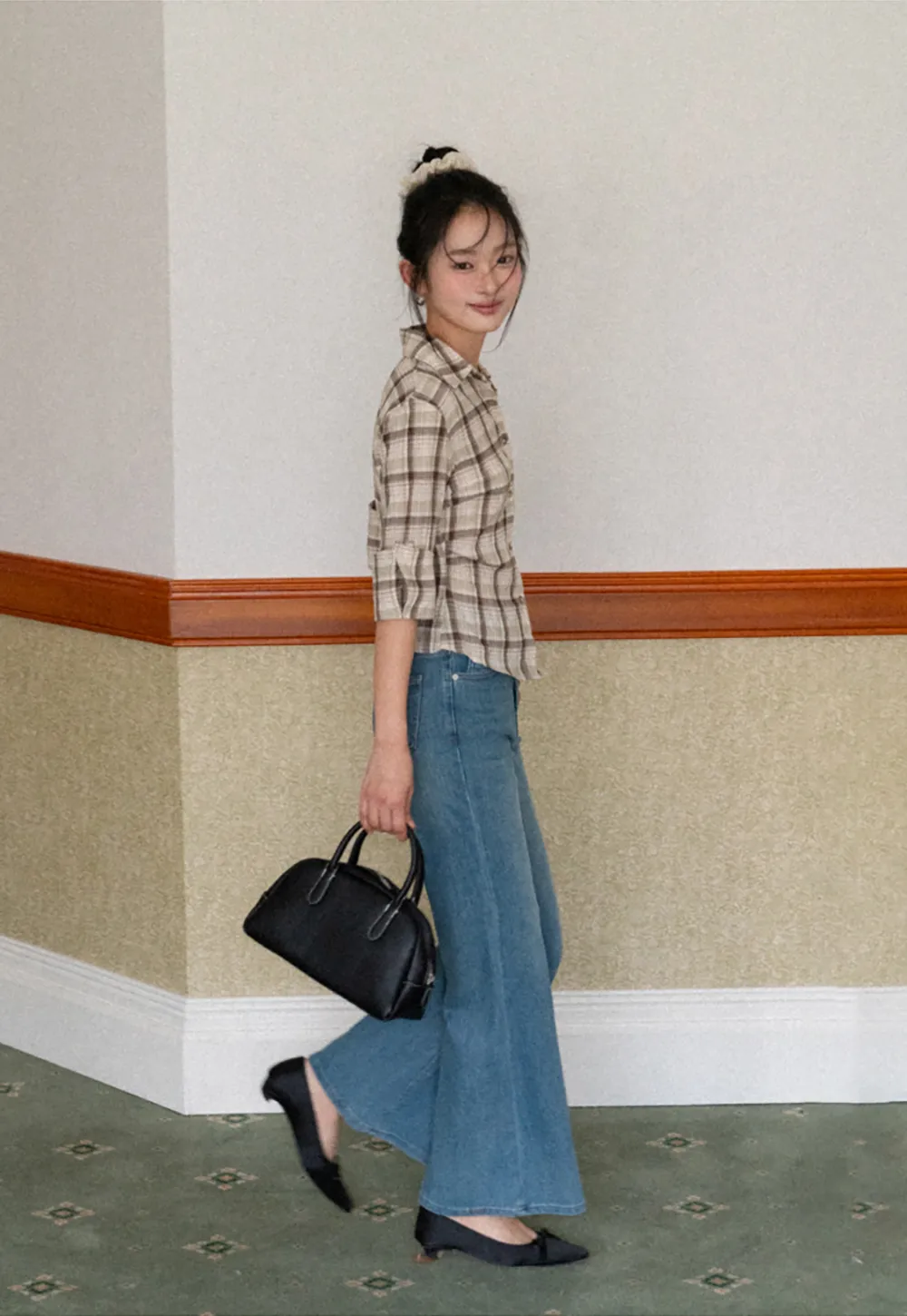 Plaid Shirt with Rolled Sleeves and Button Front